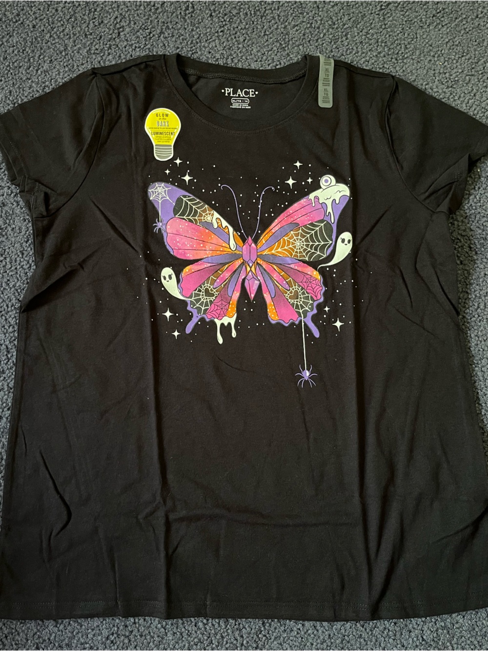 Black Luminescent Halloween Tee with Ghosts & Butterfly Graphic